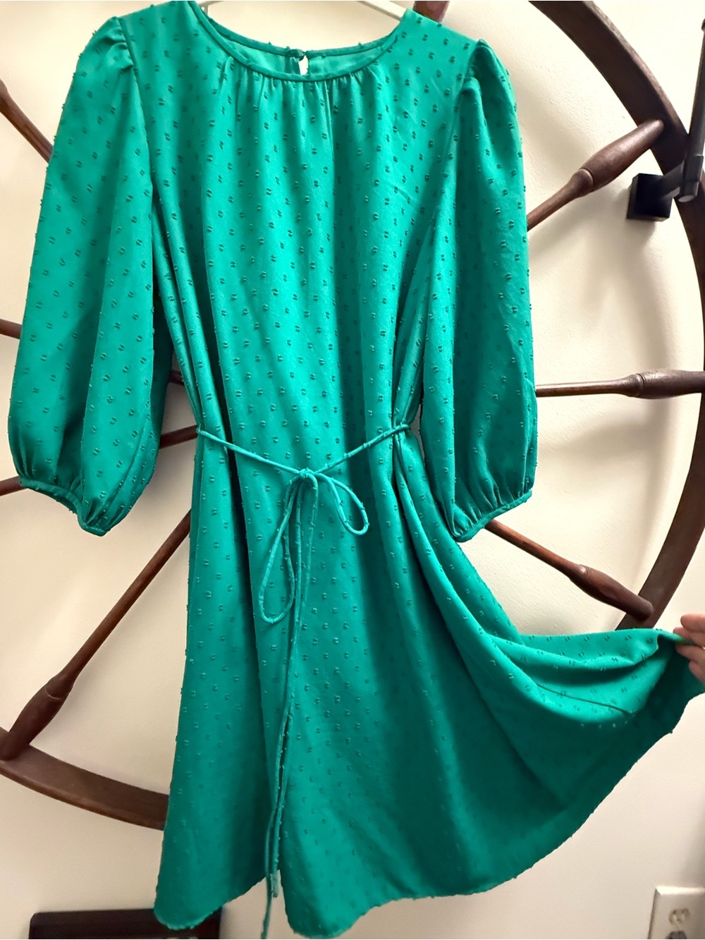 Ann Taylor Factory Teal Long-Sleeve Tie-Waist Midi Dress with Swiss Dots - Picture 7 of 7